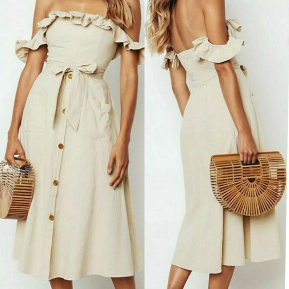 Cupshe Dresses Cupsheoff Shoulder Linen Cream Beige Midi Smocked